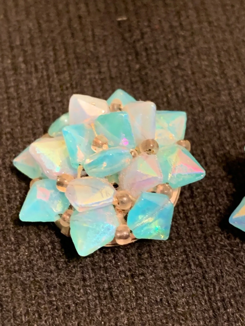 VTG Opalescent Aqua Cluster Clip Earrings Vintage Costume W Germany